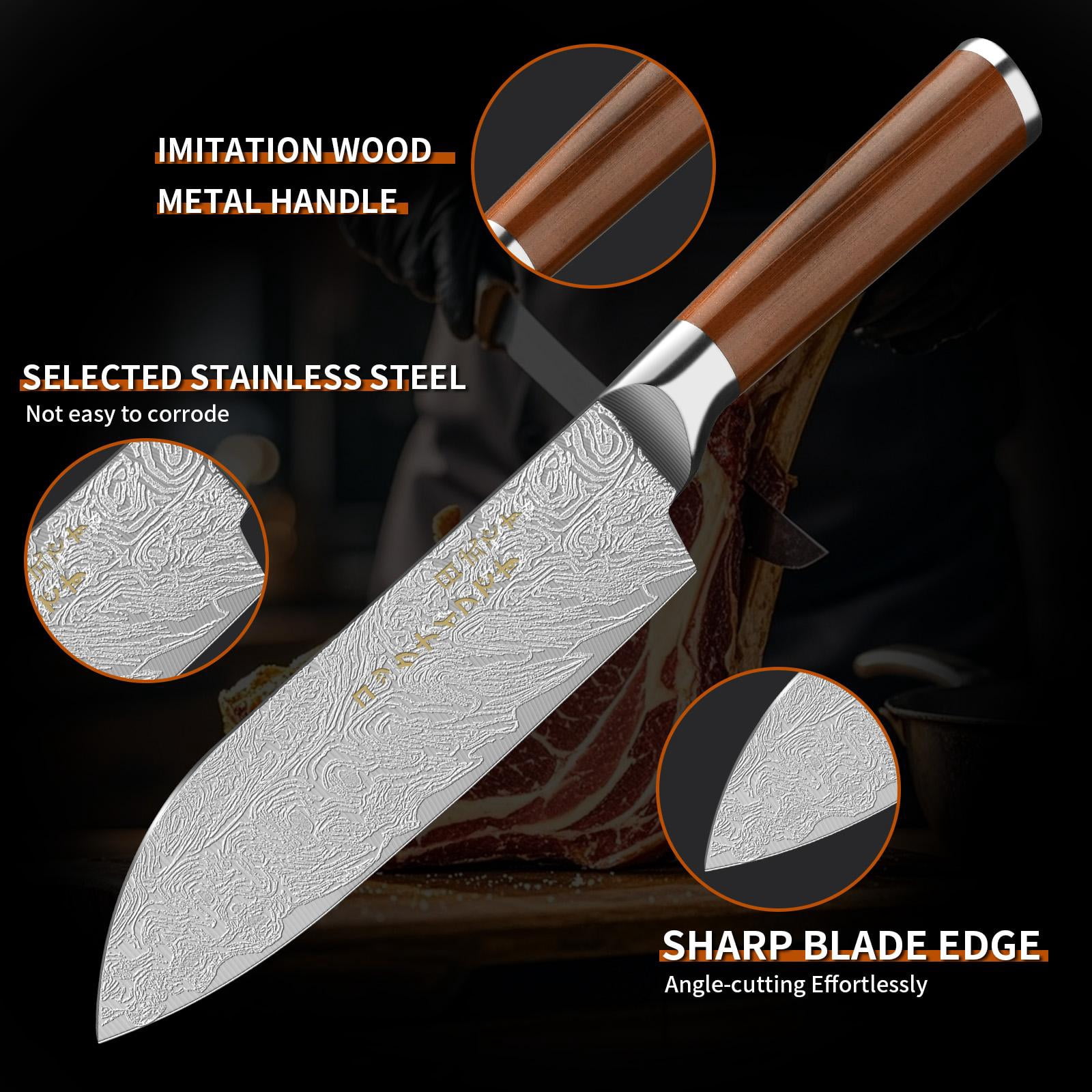 4pcs Japanese All Steel Kitchen Knives Block Set, Sharp Blade Chef Knife with Imitation Wooden Handle, Professional Cutting Tool for Bone, Meat, Fish, Vegetables. Ideal Chef Christmas Gift.