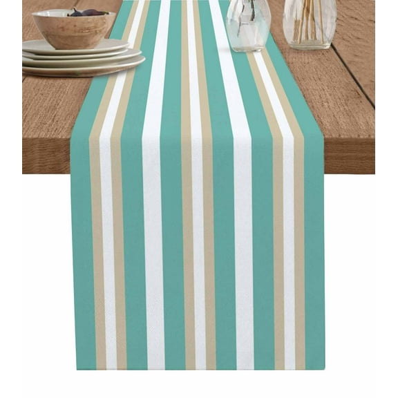 ERUNPONLY Turquoise Khaki Striped Table Runner - 72 Inch Long Modern Minimalism Abstract Art Cotton and Linen Blended Dress Scarves Farmhouse Table Runner for Kitchen Dining, Coffee Table, 16"x72"