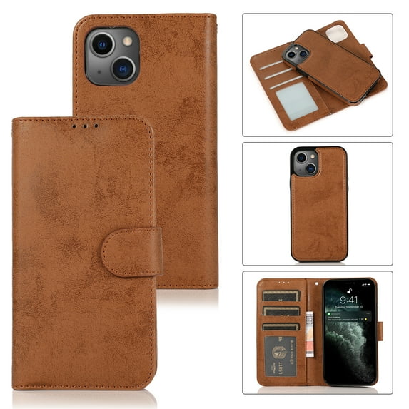 Nalacover Wallet Case for iPhone 14 Plus, Vintage Retro PU Leather Soft Silicone Shockproof Magnetic Flip Folio Cover with Kickstand Card Slots Holder Wrist Strap Shockproof Case, Brown