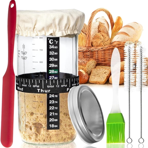 Sourdough Bread Starter Jar Kit 34oz Large Capacity Glass Jar with Date Marked Feeding Band, Thermometer, Cloth Cover & Metal Lid, Reusable Sourdough Bread Home Baking Supplies