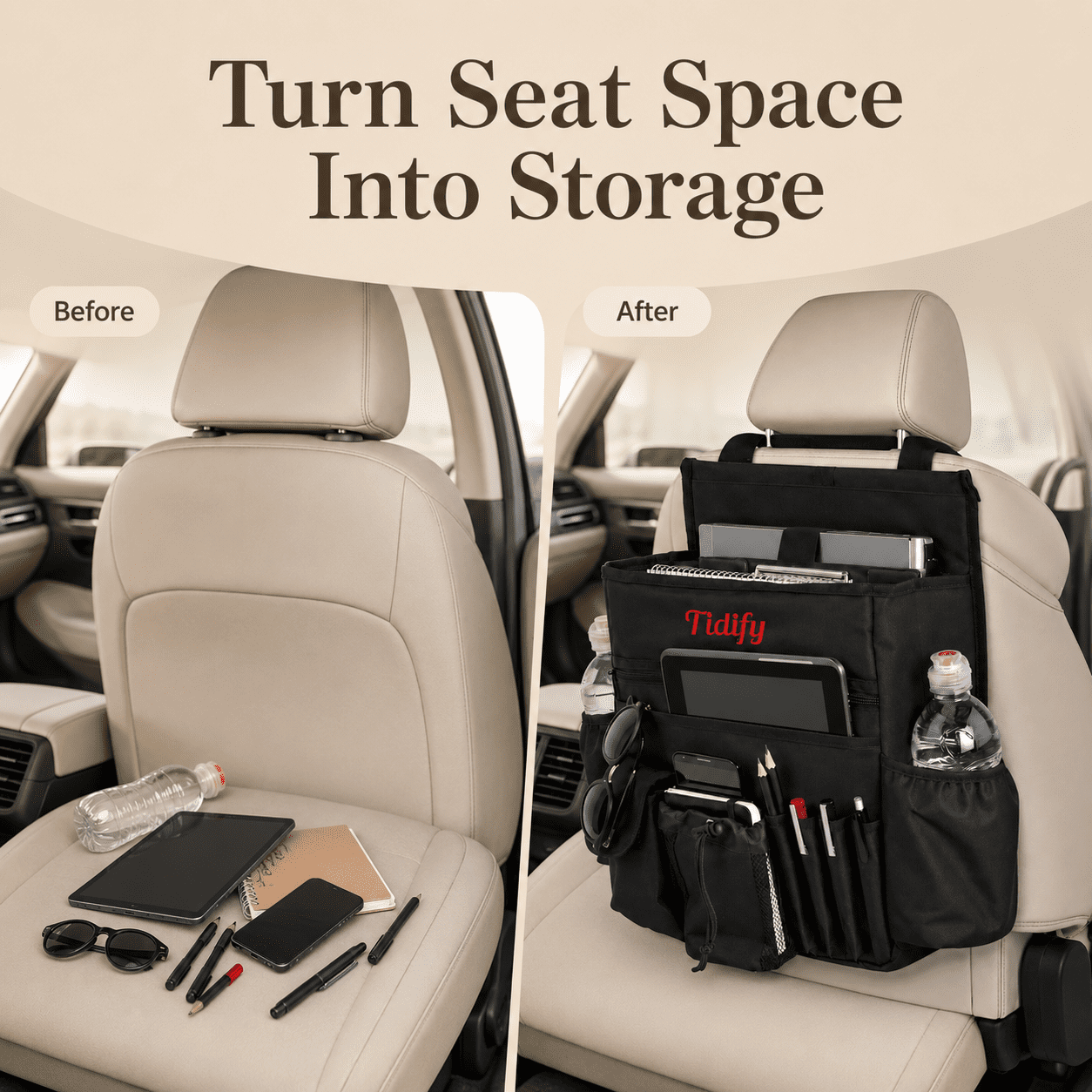 Tidify Car Seat Back Organizer with Adjustable Straps, Compartments, and Pockets for Laptop and Tablet, 1 Pack