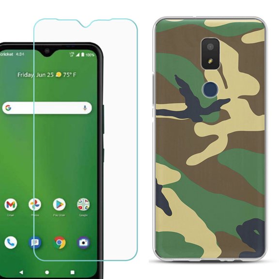 Slim-Fit TPU Fashion Phone Case for Cricket Icon 3, with Tempered Glass Screen Protector, by OneToughShield ® - Camo Green