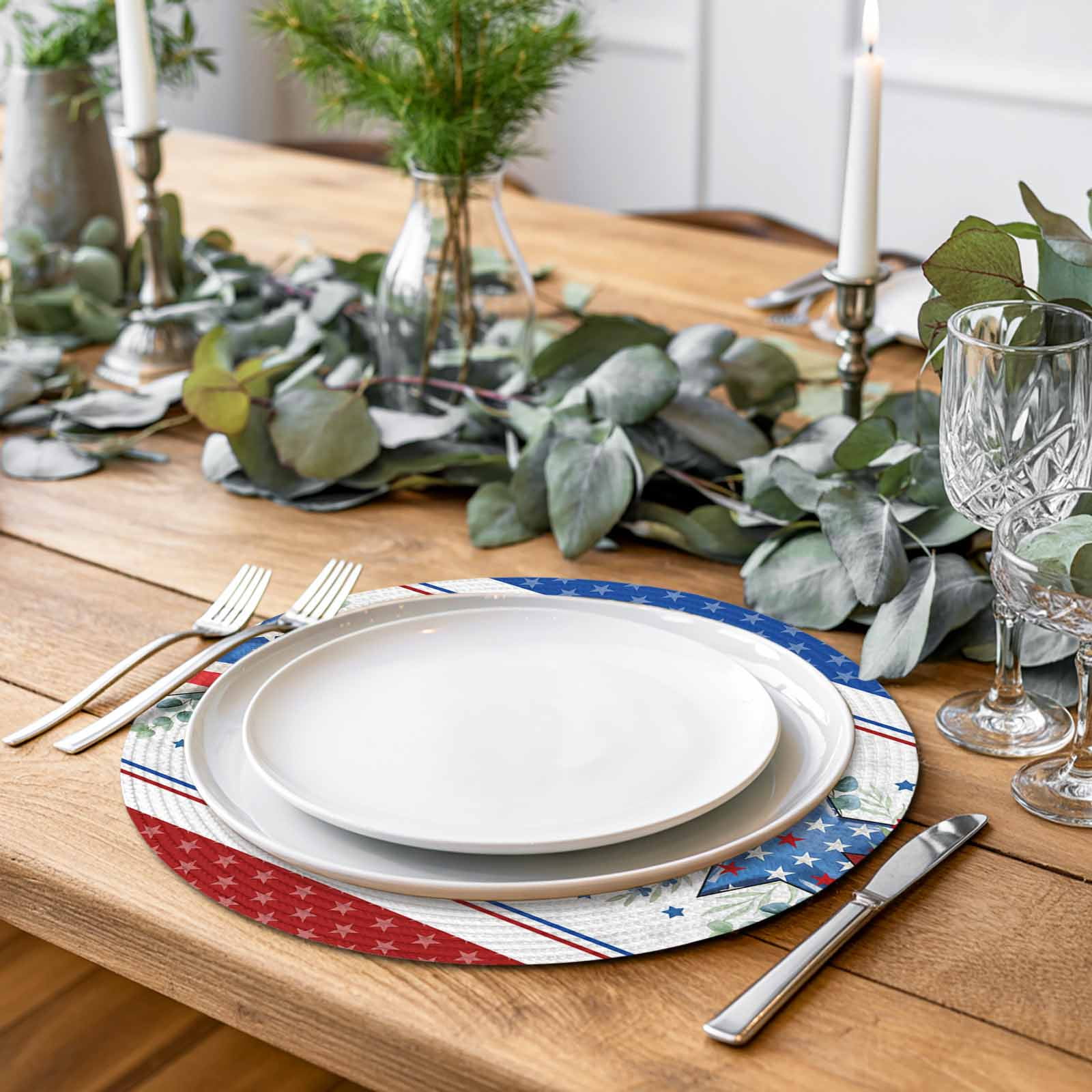 Red White Blue Patriotic Stars Round Table Placemats set of 6, Eucalyptus Leaves Poppy Washable Woven Place Mats for Dining Tables Kitchen Party Decor,Heat Proof, 15in,