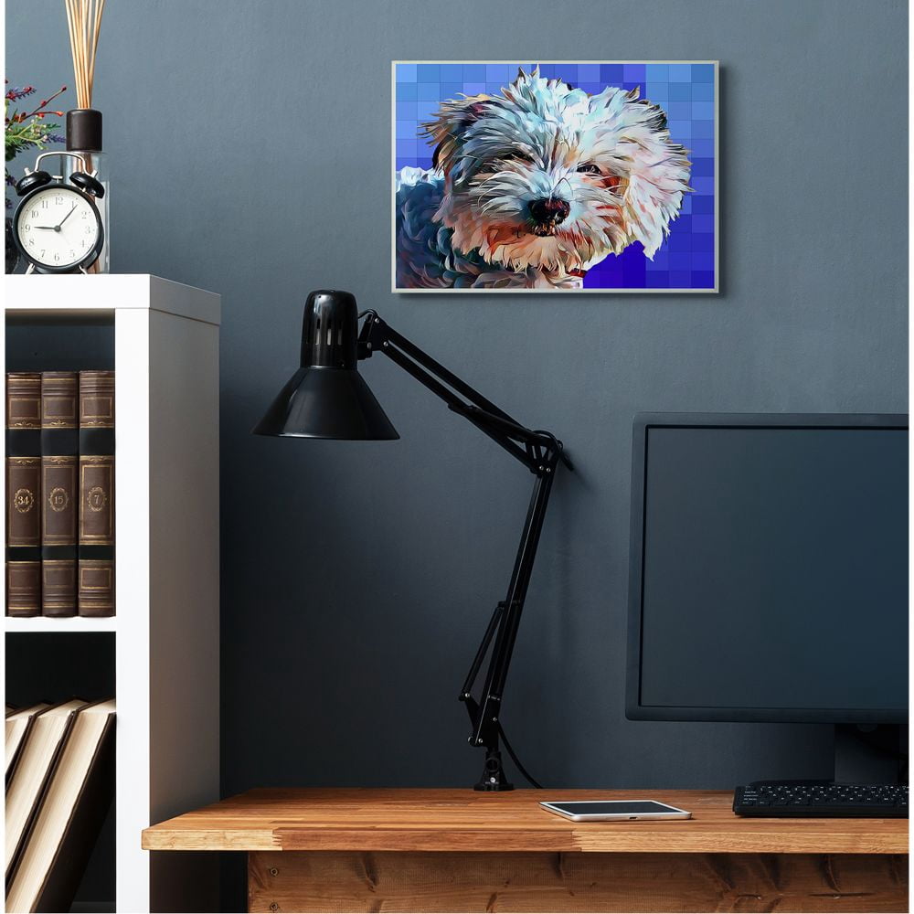 Stupell Industries Colorful Bichon Puppy Over Blue Geometric Pattern Graphic Art Unframed Art Print Wall Art, 13x19, by Kim Curinga