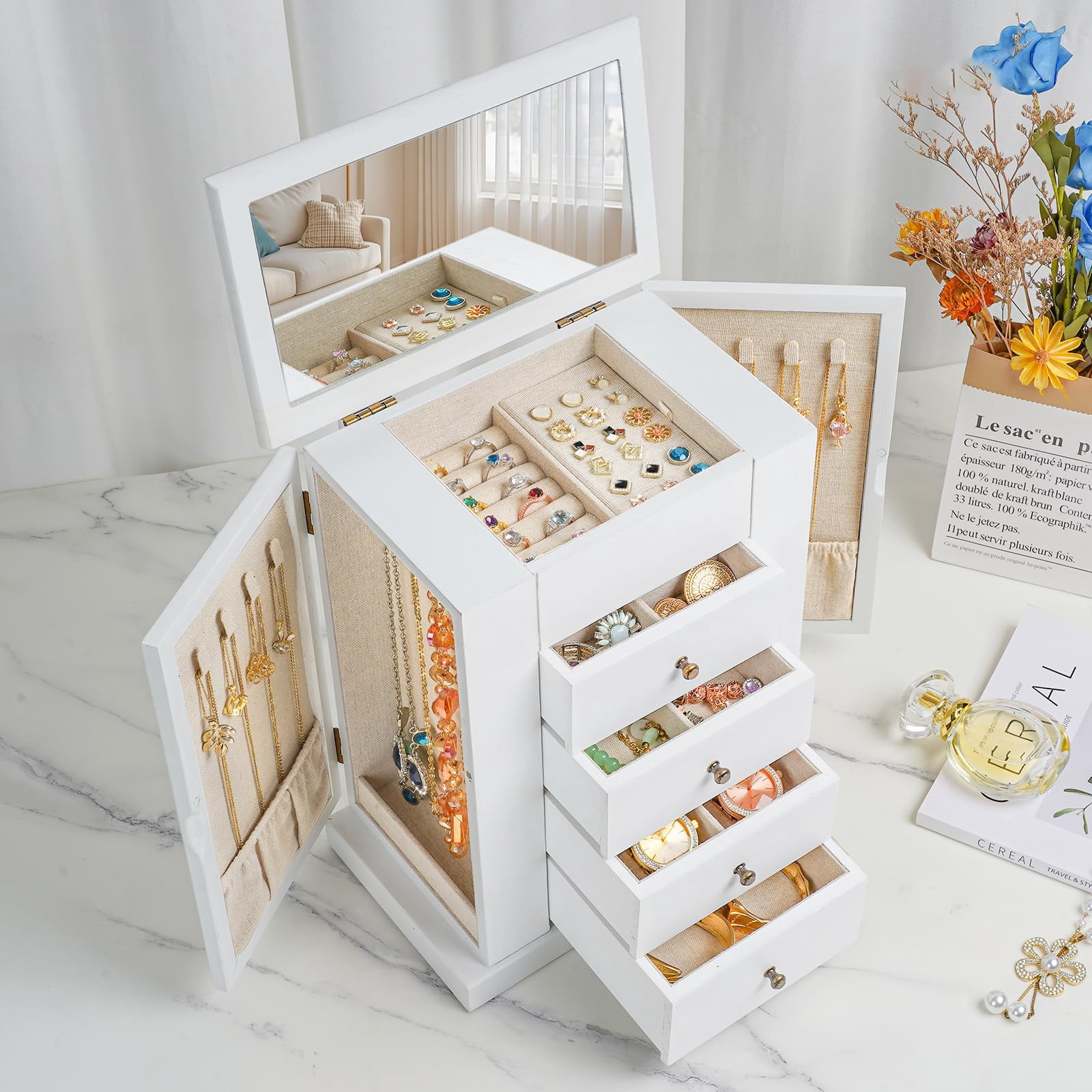 Jewelry Box for Women, 5 Layer Large Wood Boxes & Organizers for Necklaces Earrings Rings Bracelets, Rustic Organizer with Drawers and Mirror, White