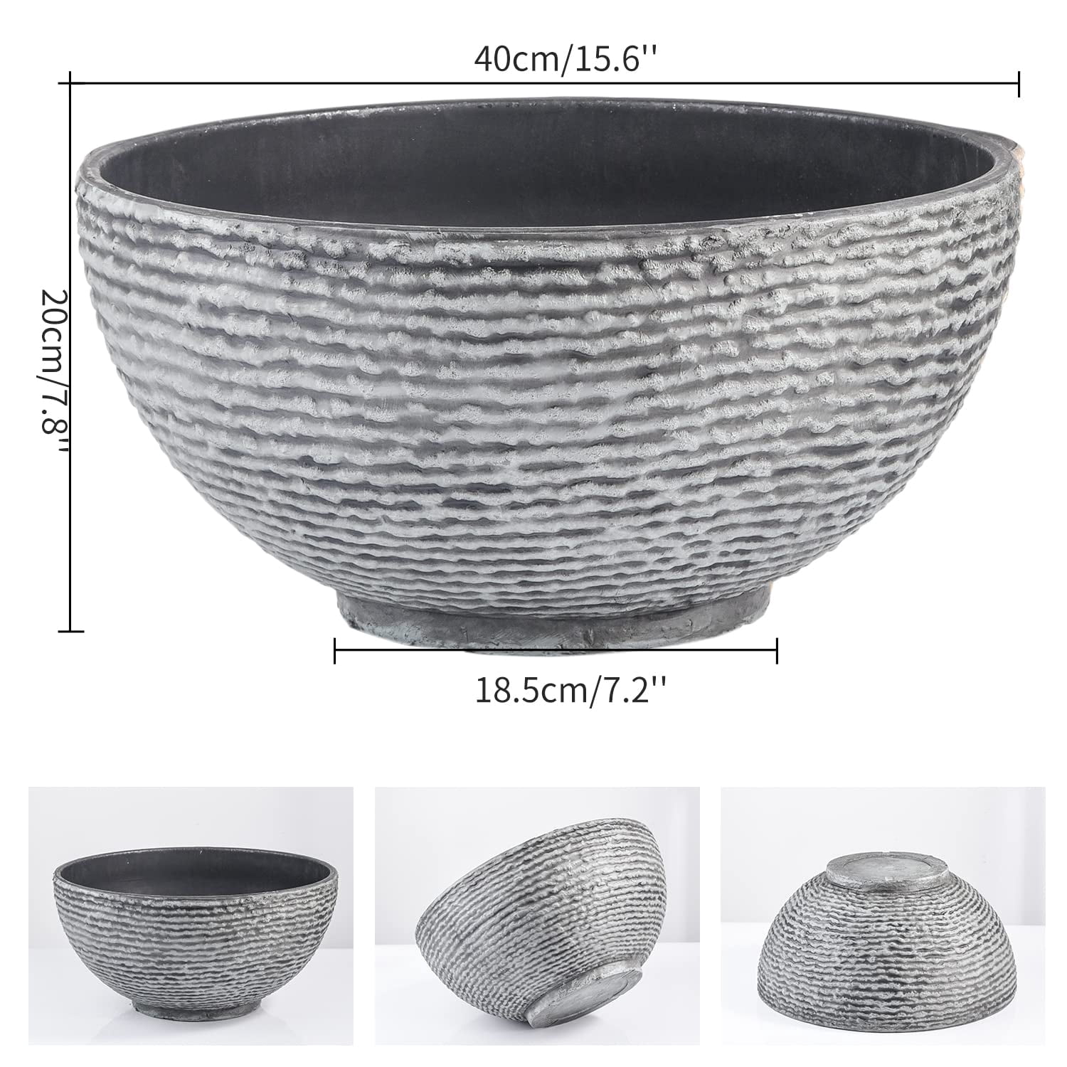 Sungmor Ash Black Resin Outdoor Low Bowl Planter Bird Bath 15.6 Inch Water Lily Succulent Pots Small Fountain Base