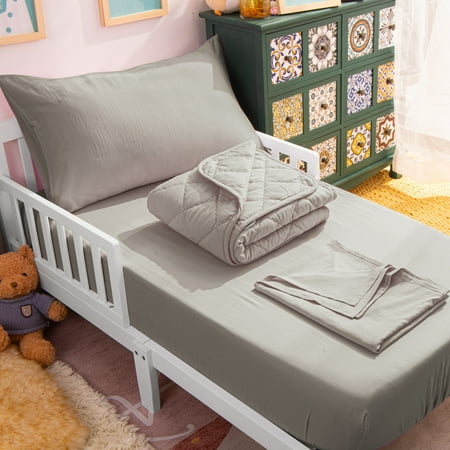Ntbay 4 Piece Microfiber Toddler Bedding Set Ultra Soft and Breathable Crib Sheet Set Includes Quilted Comforter Fitted Sheet Flat Top Sheet and Envelope Pillowcase Smoke Gray