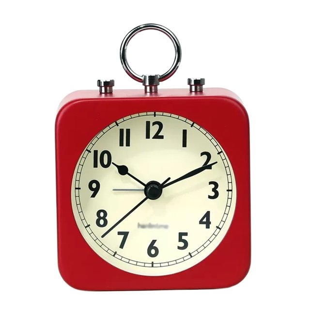 Reloj despertador con caja metálica cuadrada, pequeño, funciona con pilas y sin tictac.