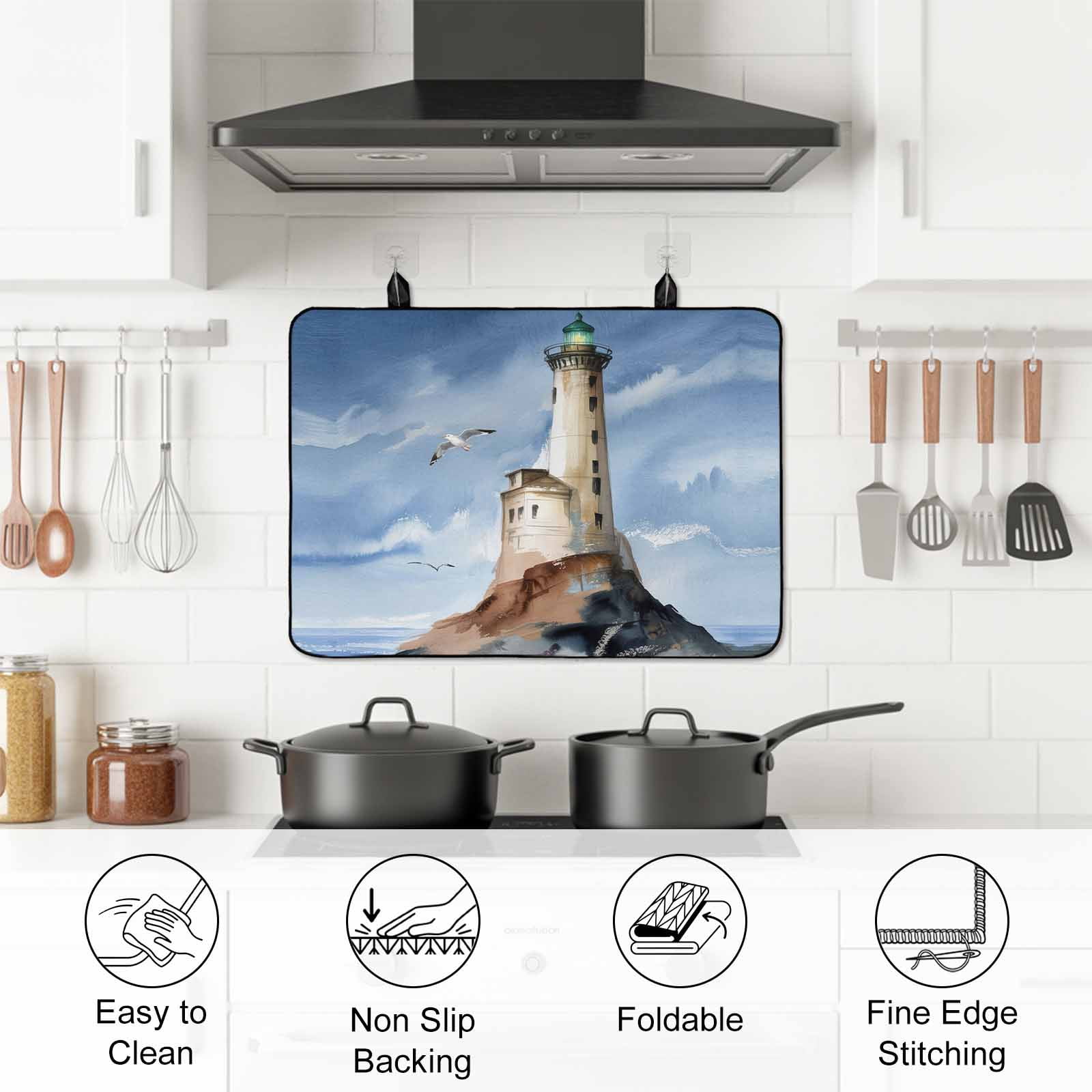 Beach Lighthouse Stove Top Cover for Electric Stove, Heat-proof & Non Slip Glass Top Stove Cover Protector, Coastal Ocean Sky Birds Oil Painting Kitchen Flat Cooktop Rubber Mat 24x21 Inches