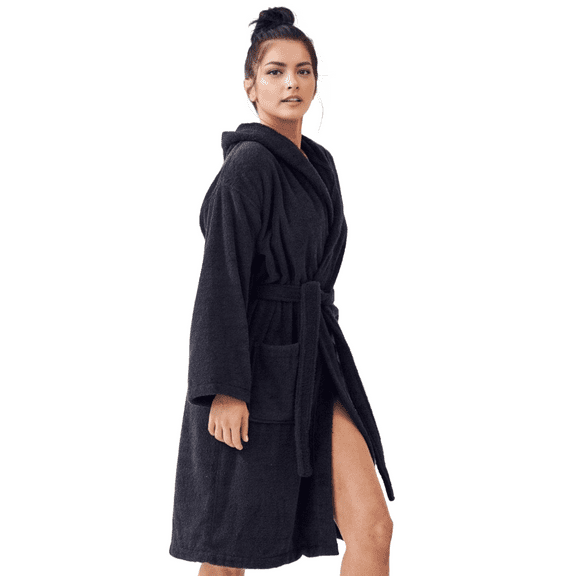 Elegani Women's Hooded Terry Bathrobe: Spa-Like Comfort & Style, Black S/M