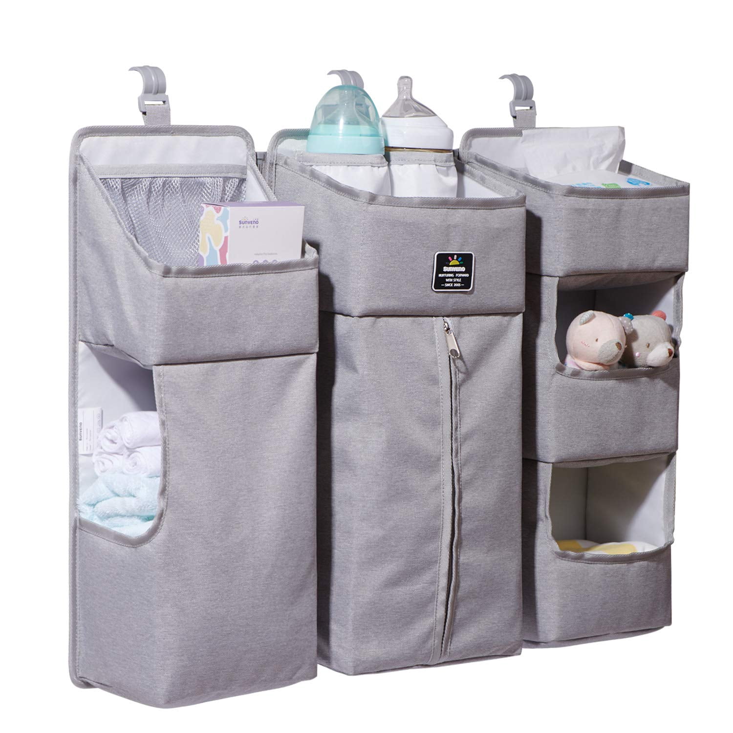 Sunveno 3-in-1 Crib Nursing Organizer Set for Baby Essentials Storage, Gray