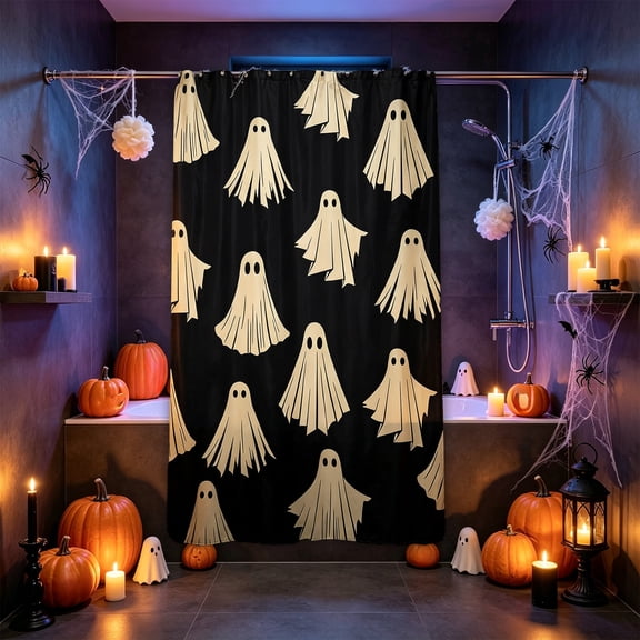 Waterproof Halloween Ghost Print Shower Curtain, 70.87x47.24 Inch Lightweigt Soap Stain Resistant Black Cloth Bathroom Decor for Apartment Dorm Home Hotel Bathtub Stall Accessories
