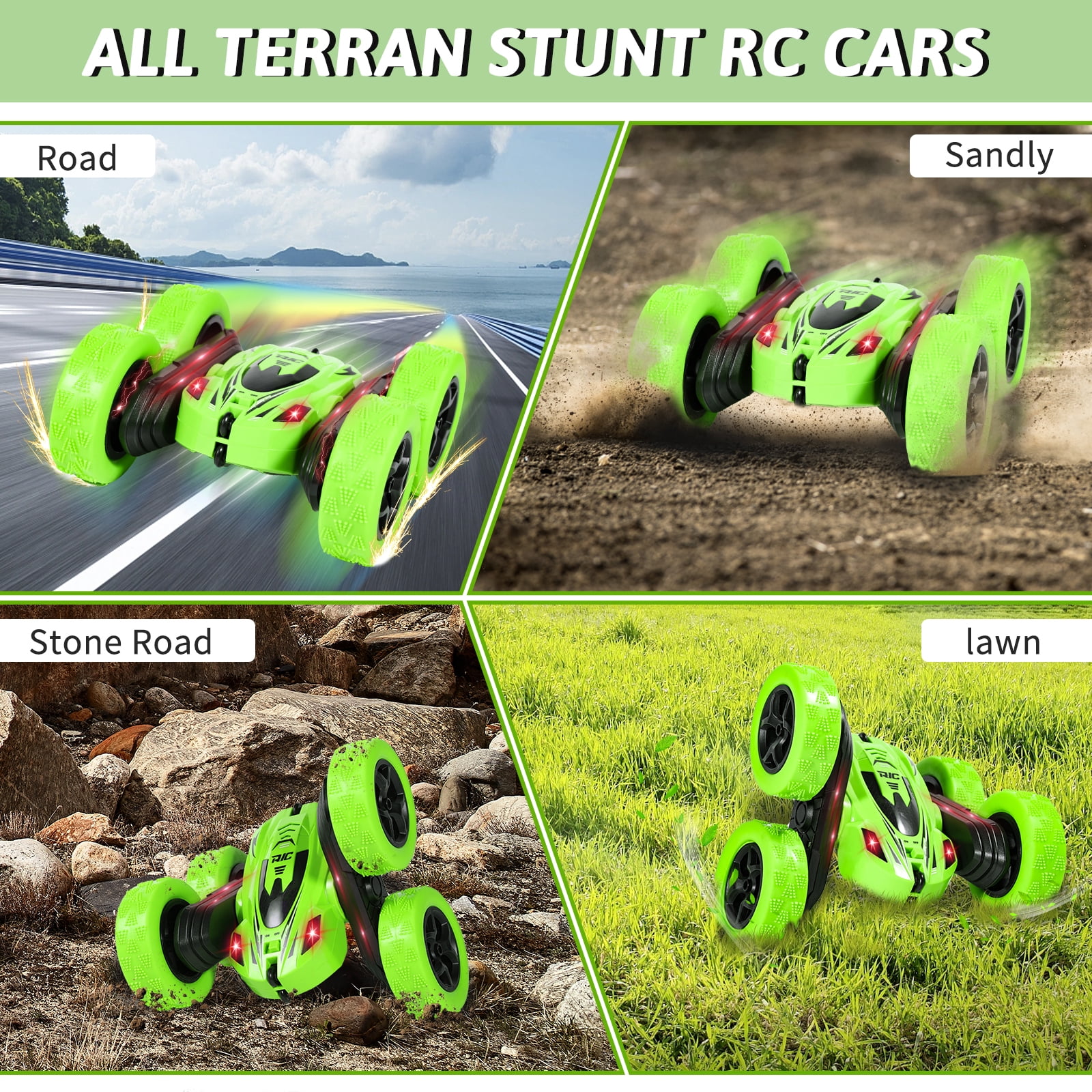 Remote Control Car,360 Flips Rotating Stunt RC Cars,Double Sided RC Car with LED Lights, 2.4Ghz All Terrain Rechargeable Electric Drift Car Birthday Christmas Gift Toys for Kids Boys Girls Green