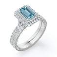 thumbnail image 4 of JeenMata 1.5 Carat Emerald Cut Sky Blue Created Aquamarine and Moissanite - Pave Double Halo - Art Deco Filigree Wedding Set - 18K White Gold Plating over Silver, 4 of 6