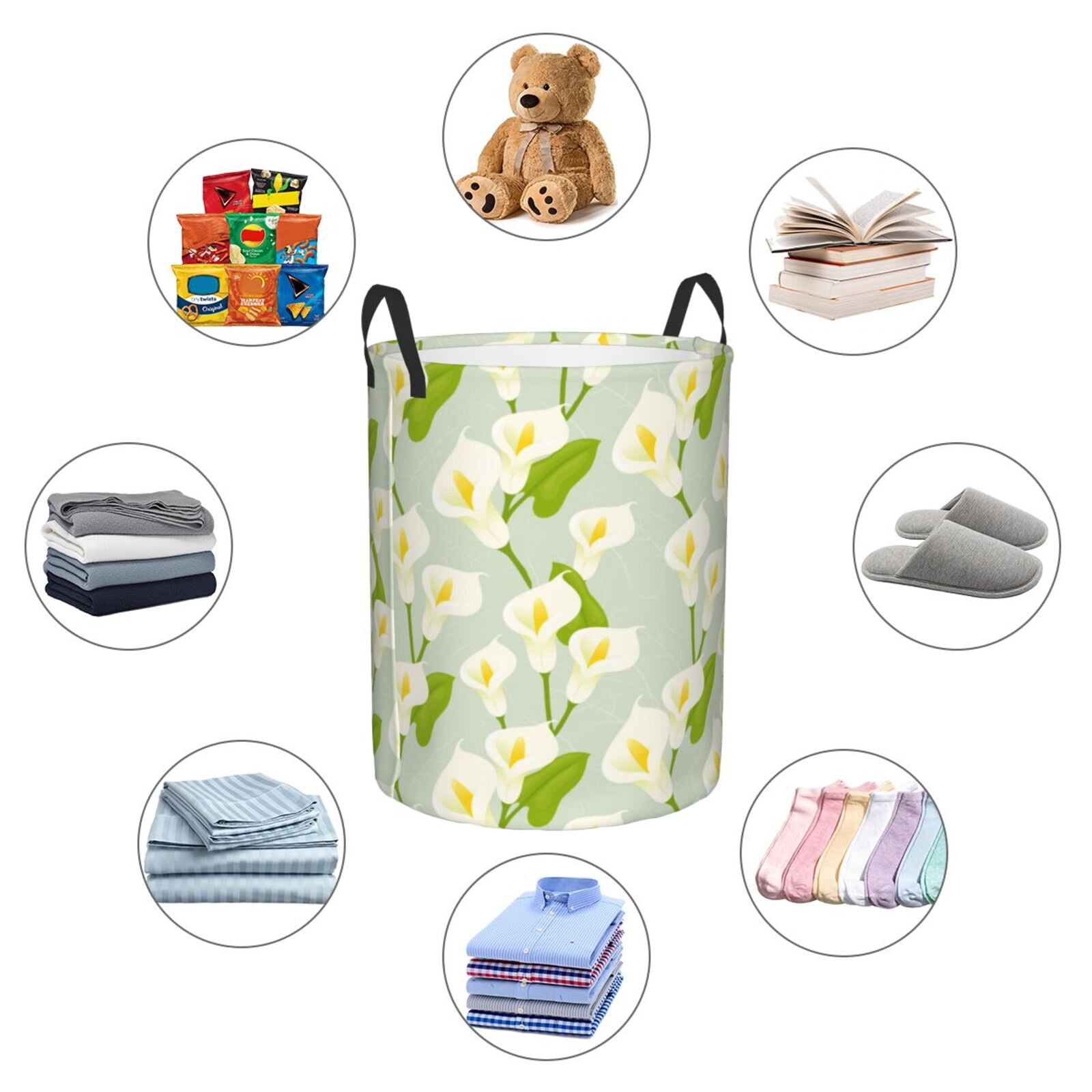 Large Laundry Basket with Handles - Calla Lily Flowers Light Green Kids Baby Dirty Clothes Laundry Hamper for Bedroom Aesthetic