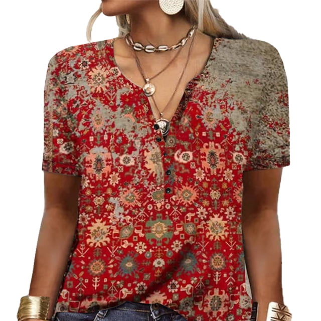 Camiseta de manga corta para mujer, camiseta de verano con cuello abotonado para mujer, camiseta estampada para mujer, confiable y duradera