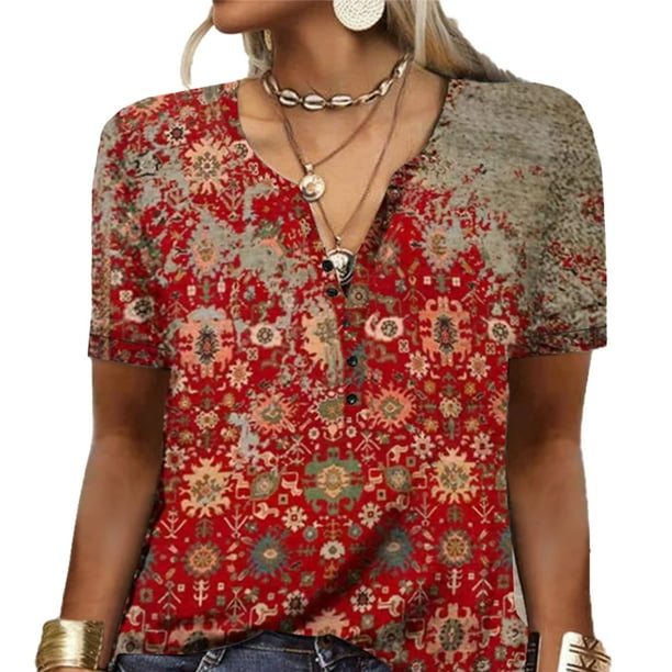 Camiseta de manga corta para mujer, camiseta de verano con cuello abotonado para mujer, camiseta estampada para mujer, confiable y duradera
