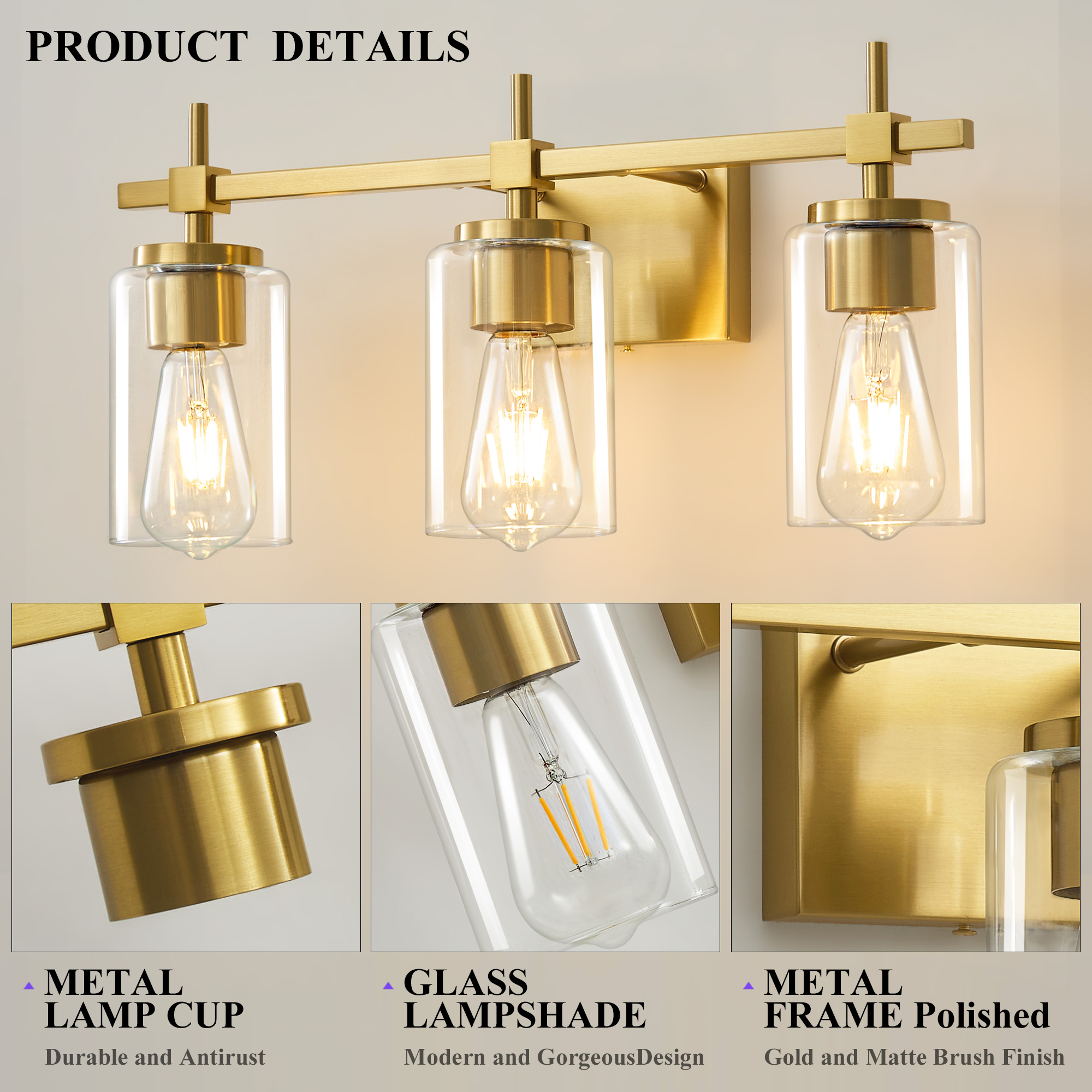 Deyidn 3-Light Gold Modern Vanity Light, 20-inch Luxury Mirror Lamp for Bathrooms and Bedroom