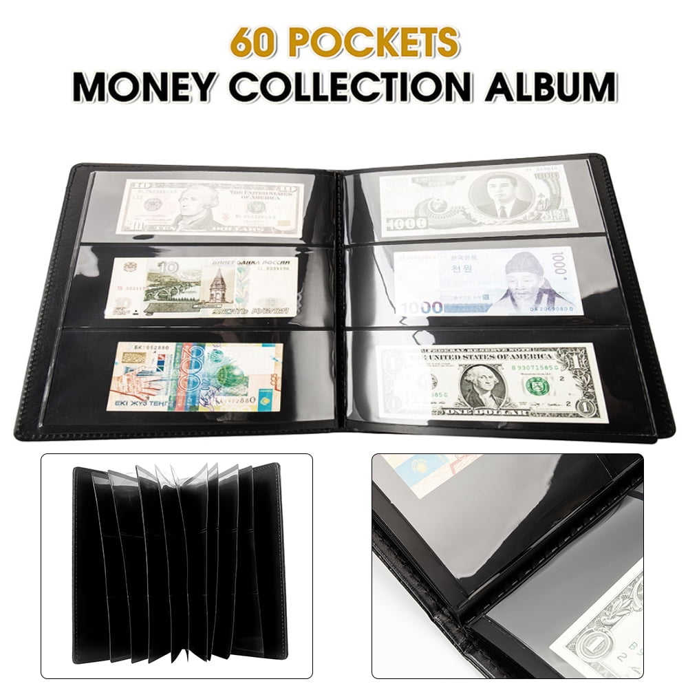 60 Pockets Empty Currency Paper Money Album Books Banknote Holder Case Black 