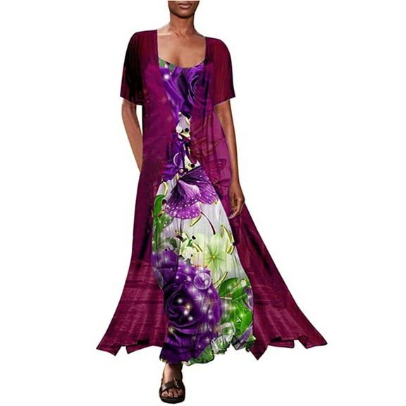 Lilgiuy Women's Casual Chiffon Short Sleeve Loose Shawl Two-Piece Camies Dress With Straps Hot Pink,8 2022 Fall Winter