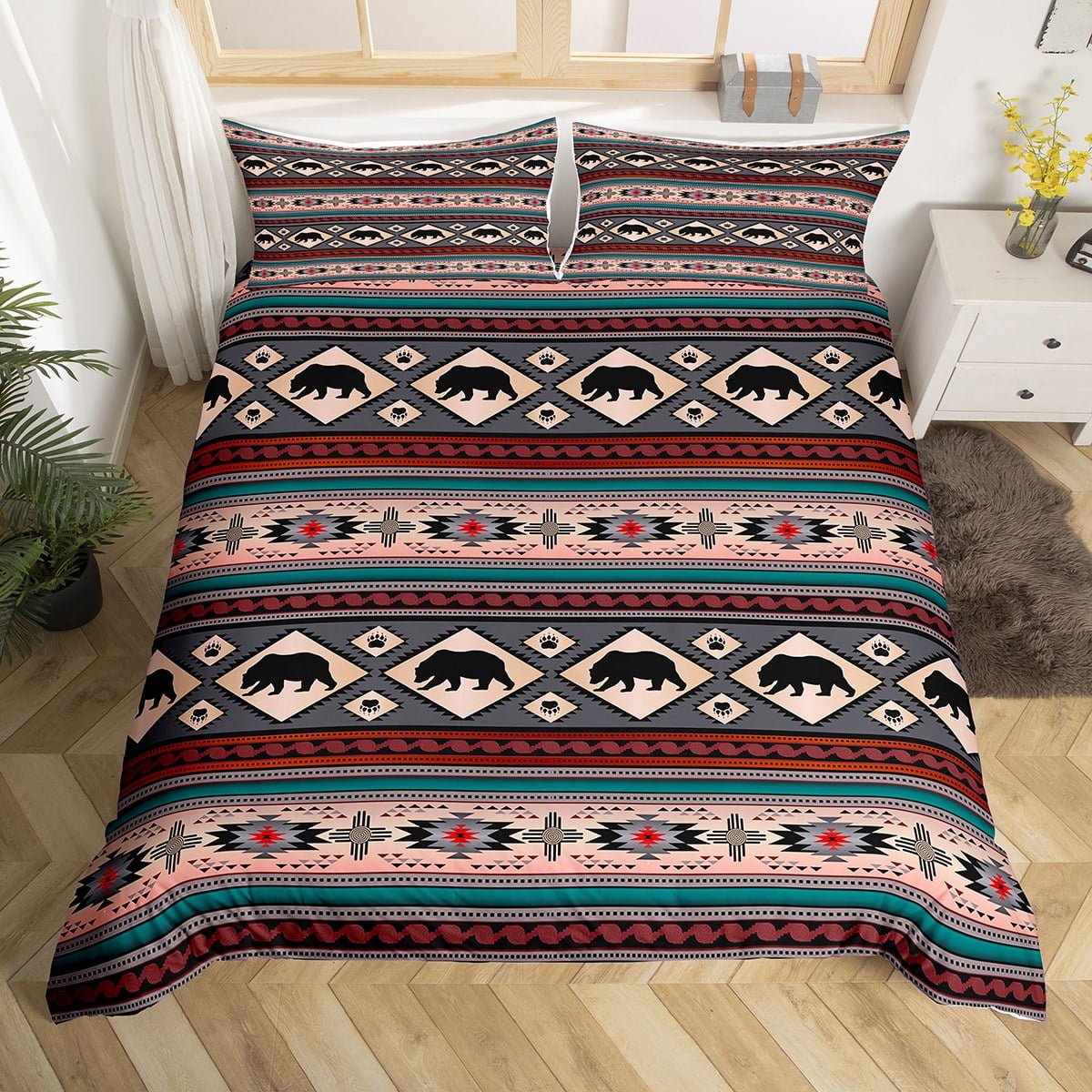 YST Bear Duvet Cover for Women Men Native Tribal Aztec Bedding Set Full Size,Rustic Hunting