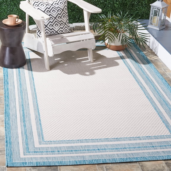 Safavieh Courtyard Ercan Bordered Indoor/Outdoor Area Rug, Ivory/Aqua, 6'7" x 6'7" Square