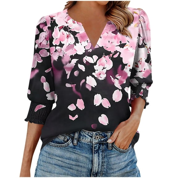 3/4 Sleeve Shirts for Womens Casual Printed 3/4 Length Sleeve Smocked Cuffs