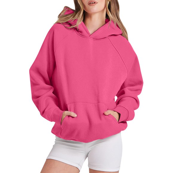 Women Solid Basic Fleece Letter Loose Hoodie Sweatshirt Long Sleeve Pocket Drop Shoulder Pullovers Top Women'S Hoodies & Sweatshirts Hot Pink S