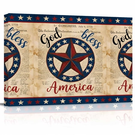 Independence Day American Star Canvas Print Wall Art Retro 4th of July Newspaper Red Blue Star Pictures Painting Morden Artwork for Living Room Bedroom, Ready to Hang - 12"x16"