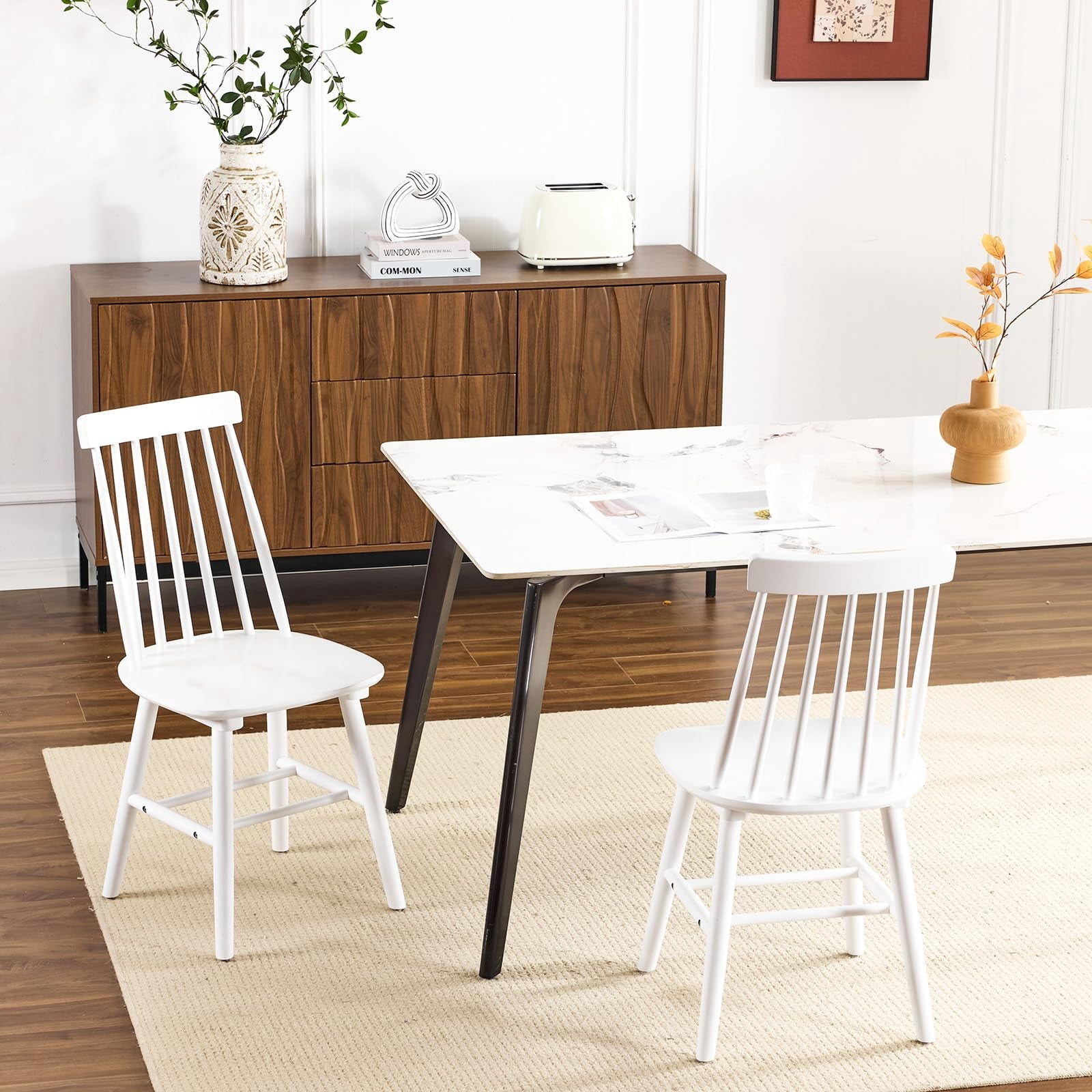 White Farmhouse Dining Chairs Set of 8, Mid Century Modern Spindle Back Wooden Dining Room Chairs for Kitchen & Living Room