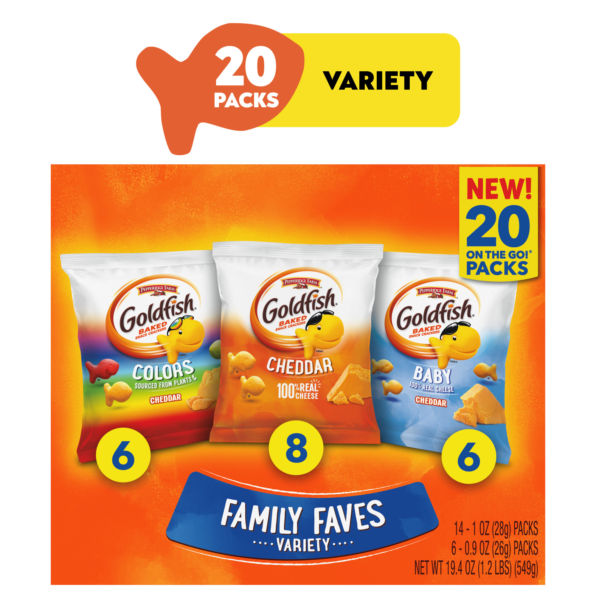 Goldfish Family Faves Crackers, Cheddar, Colors and Baby Crackers Snack Pack, 0.9 oz, 20-Count Variety Pack Box