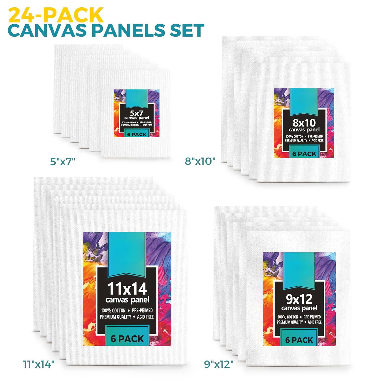 24-Pack Canvas Boards for Painting, 5"x7" 8"x10" 9"x12" 11"x14" Cotton Primed Canvases