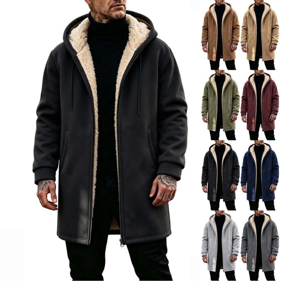 Hzzrkos Men's Fleece Lined Long Hoodie Jacket Full Zip Warm Hooded Coat Casual Winter Outerwear Thick Thermal Sweatshirt Overcoat With Side Pockets