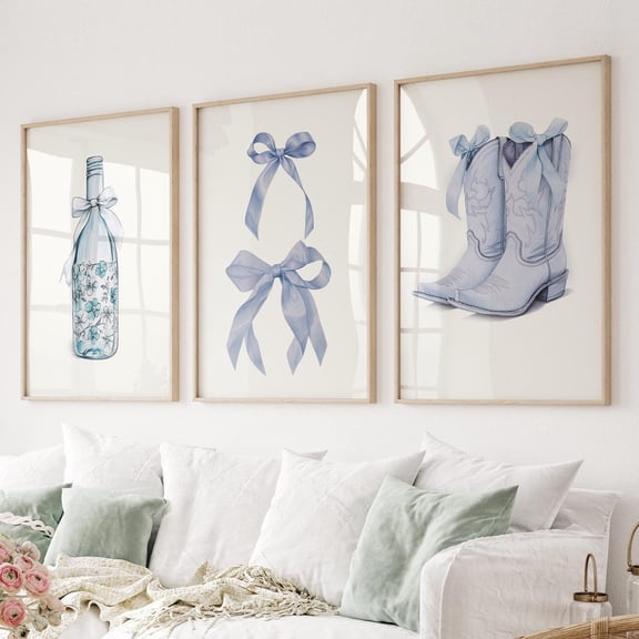 UNFFRAMED Blue Bow Art Prints, Coquette Dorm Decor Set Of 3 Set 3 Prints 8x12