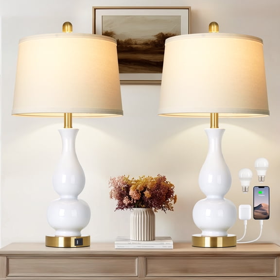Lolikit 27" Modern Ceramic Table Lamp Set of 2 for Bedroom Living Room,Farmhouse Bedside Nightstand Lamp with USB Charging Port,LED Bulbs Included