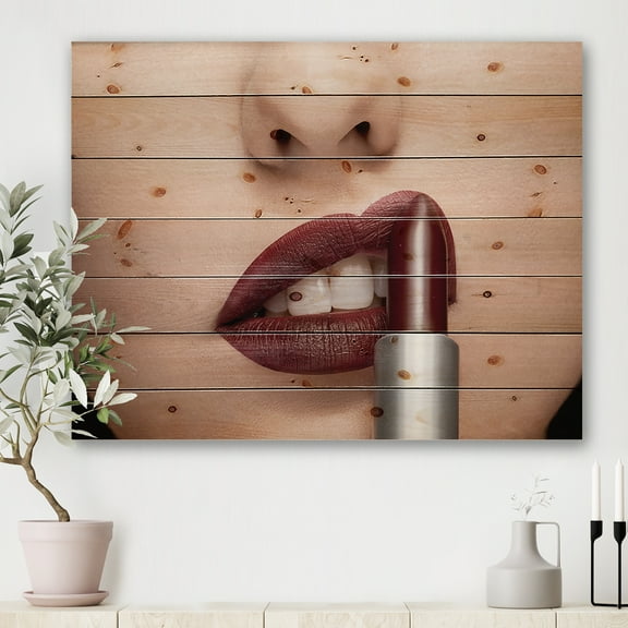 Designart 'Woman Applying Red Lipstick On Lips II' Modern Print on Natural Pine Wood