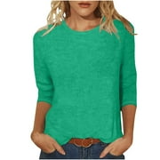 Women's Plain Basic Crew Neck 3/4 Sleeve Tops Tee Shirt T-Shirt Light Blue L