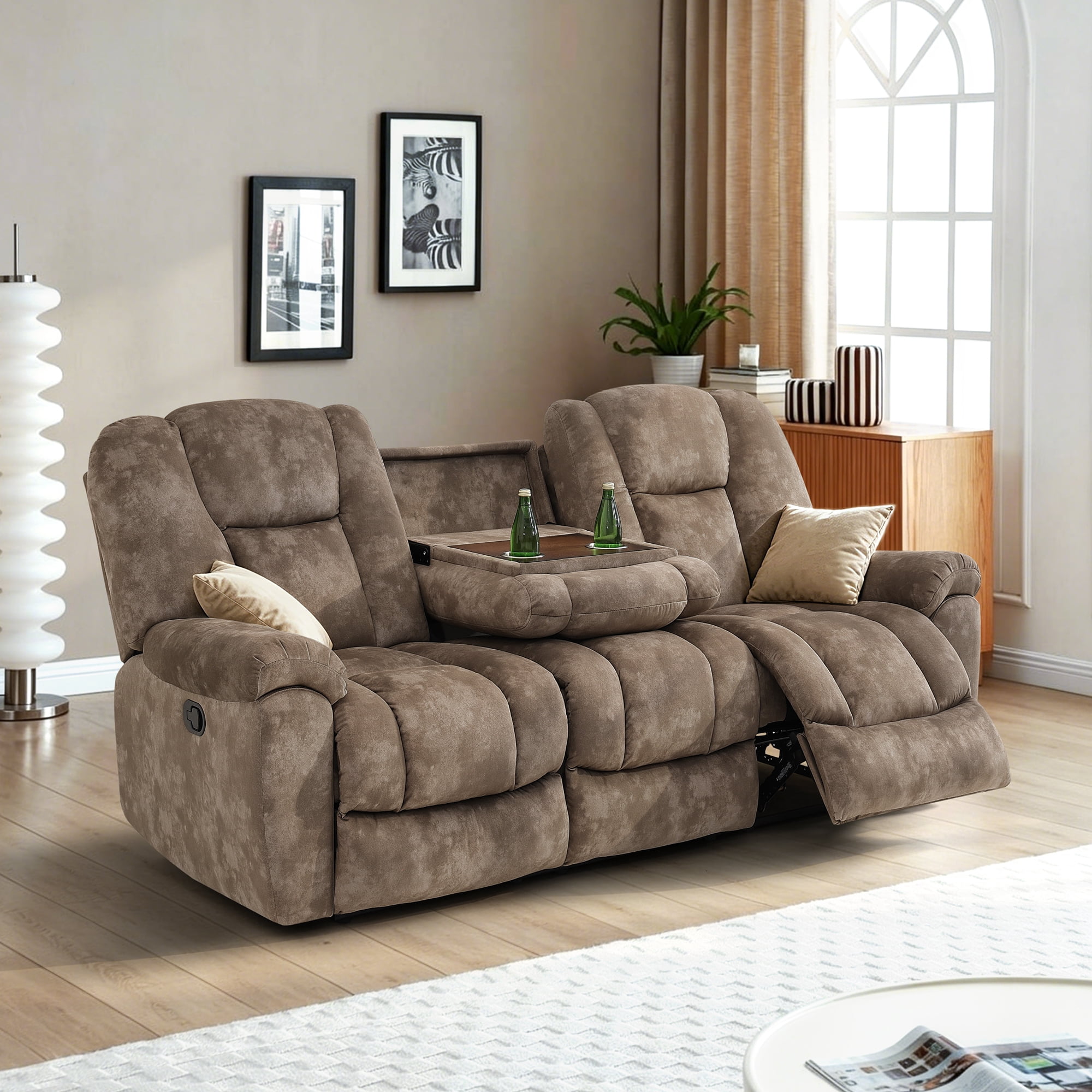 Gewnee 3‑Seater Manual Recliner Sofa, Printed Velvet Upholstery with Flip‑Down Cup Holder, Solid Wood Dual‑Layer Spring, Ergonomic Lumbar Support for Living Room Apartment，Brown