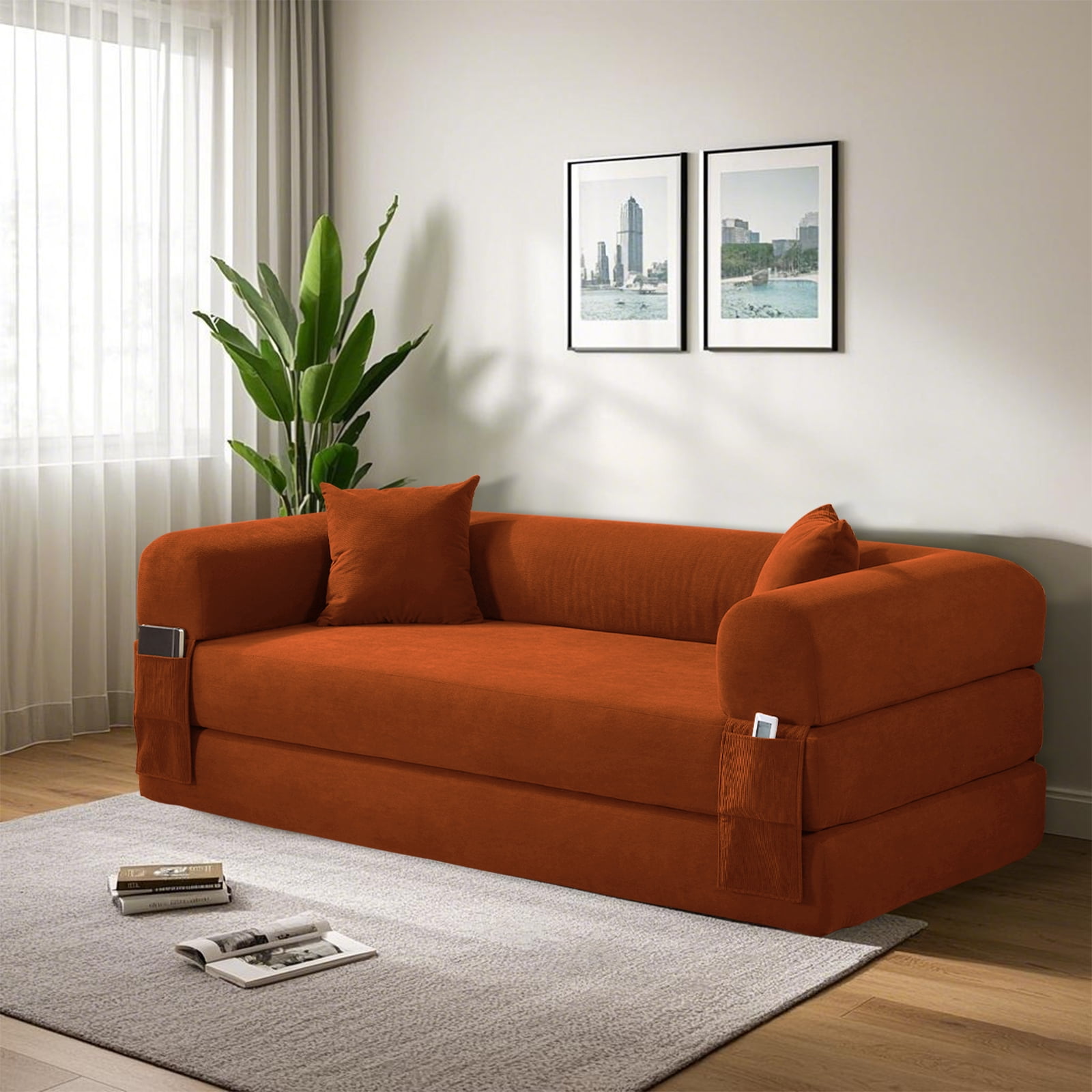 3 in 1 Convertible Sofa Bed, 80" Corduroy Folding Pull Out Couch with 2 Pillows, Floor Sofa with Side Storage for Living Room, No Assembly Modern Boneless Couch Compression Sofa, 35.4"W
