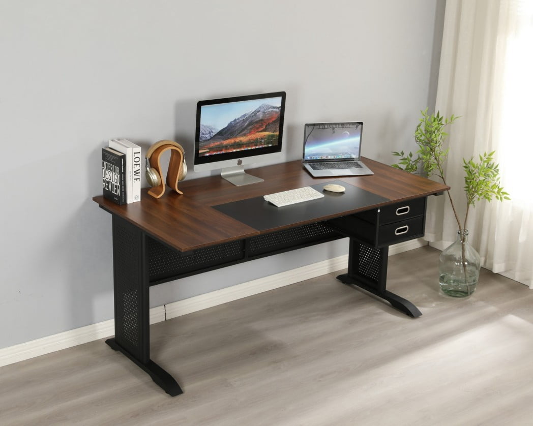 63" Computer Desk, 63 x 31.5" Large Office Desk with 2 Drawers, Modern Writing & Gaming Desk, Rustic Brown Desktop with Black Metal Frame