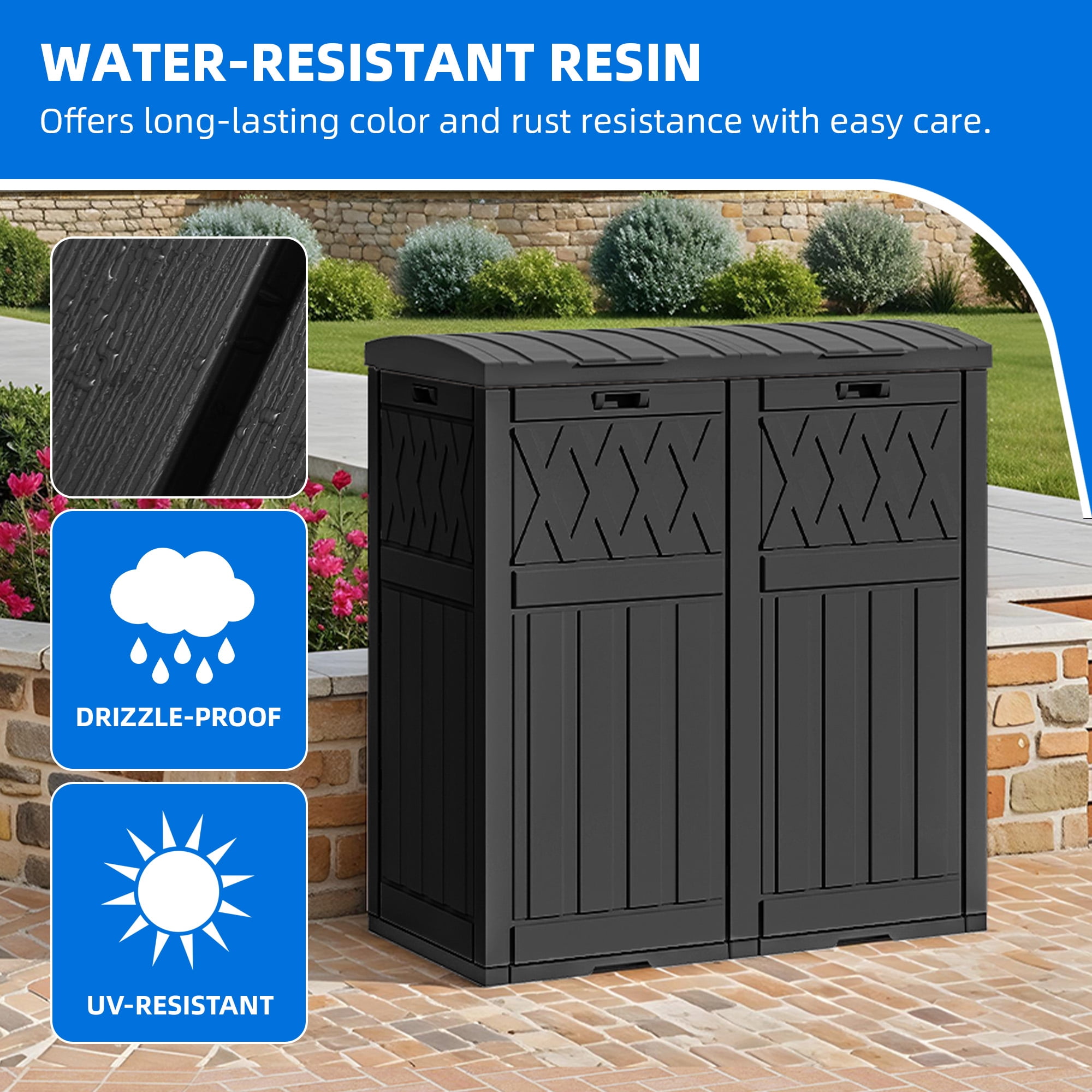 Dextrus 76 Gal Resin Outdoor Garbage Bin, Dual Can Design, Tiered Lid & Drip Tray, Black