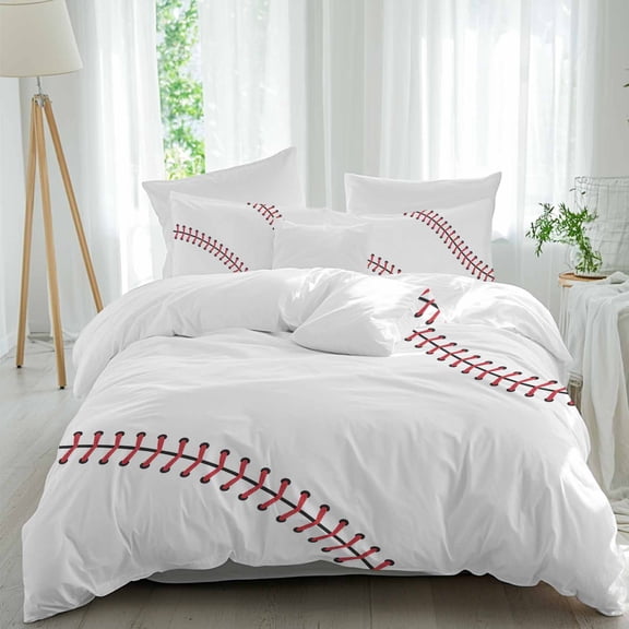 3 Piece Baseball Duvet Cover Set California King, Microfiber Comforter/Quilt Cover with Corner Ties and 2 Pillowcases, Modern Minimalist Red Lines All Season Soft Bedding with Zipper Closure