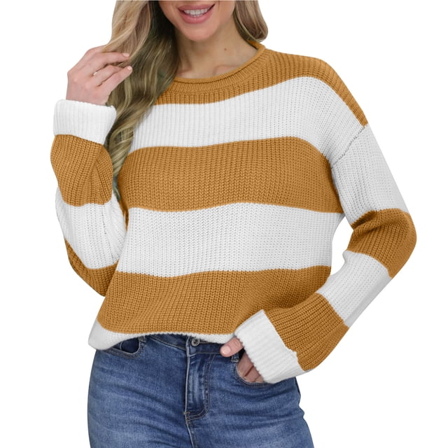 Color Block Sweater Women's Comfortable Color Block Long Length Round Neck Sweater Top