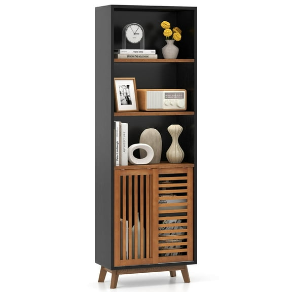 Costway 70” Bookshelf, 5-Tier Bookcase with Reversible Adjustable Shelf & Sliding Doors