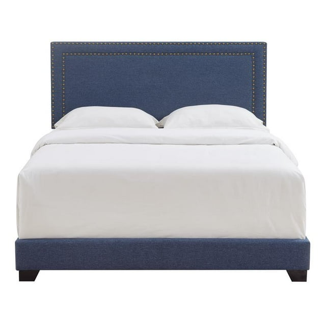 Home Fare Nailhead Trim Upholstered Queen Bed in Heathered Denim Blue