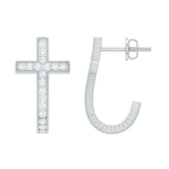 Rosec Jewels Lab Diamond Cross Earrings - Vintage Inspired J Hoop Earrings with Screw Back - EF-VS Grade, 925 Sterling Silver