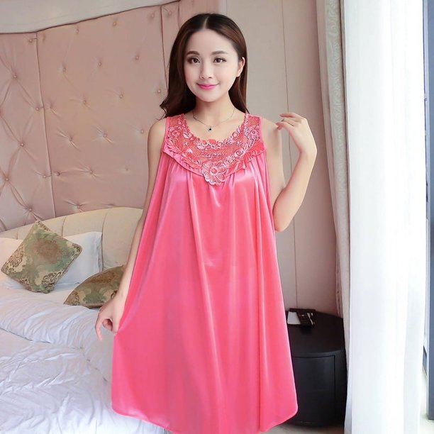 Camisón de seda de primavera y verano Camisón sexy de mujer Vestido grande de encaje de seda de hielo de verano Ropa de hogar de color sólido