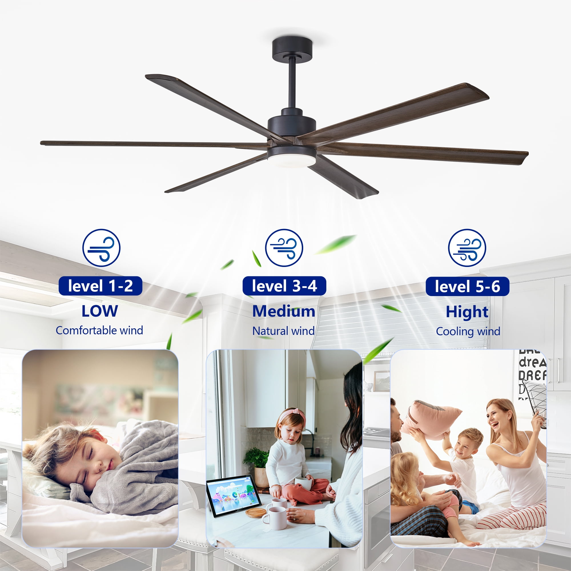 Leumius 70" Ceiling Fan with Lights Quiet DC Motor Ceiling Fans 6 Speed Levels,Reversible Ceiling Fan for Patio Living Room Bedroom Black