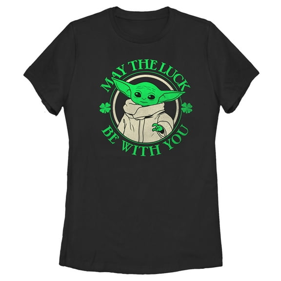 Women's Star Wars: The Mandalorian Grogu St. Patrick's Day May the Luck Be With You  Graphic Tee Black Medium