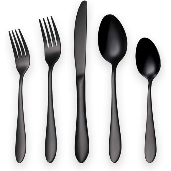 JOYWEITitanium black plated stainless steel cutlery set 5 pieces, black cutlery set, black silverware set (bright black)